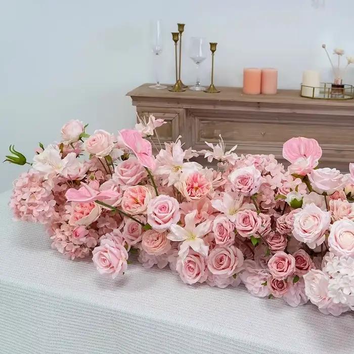 Décoration de toile de fond de mariage, composition florale au sol, chemin de table, centre de table, rangée de fleurs, accessoire d'événement, vitrine, fleur artificielle