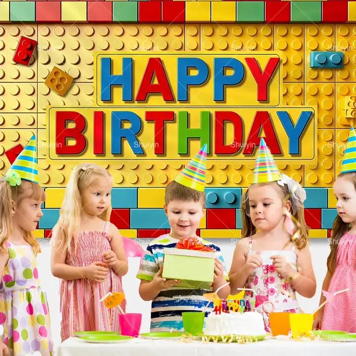 Toile de fond colorée en blocs de construction pour décorations d'anniversaire d'enfants, fournitures de fête, décorations de baby shower, bannière, fond de photographie, cadeaux