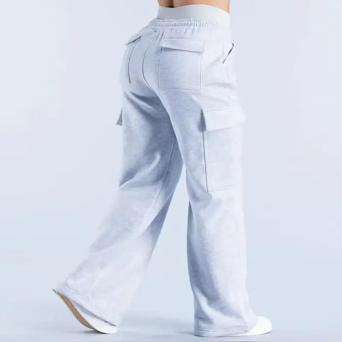Pantalon de travail américain décontracté pour femme, taille basse, ceinturé, coupe droite, jambe large, couleur unie, plusieurs poches