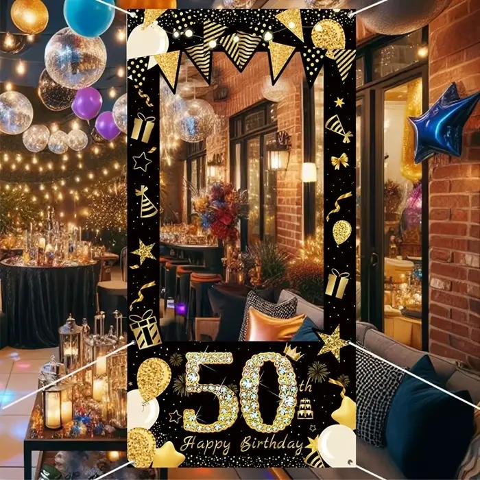 Fond photo 50e anniversaire - polyester noir et doré, ballon festival et design confel, décoration d'anniversaire