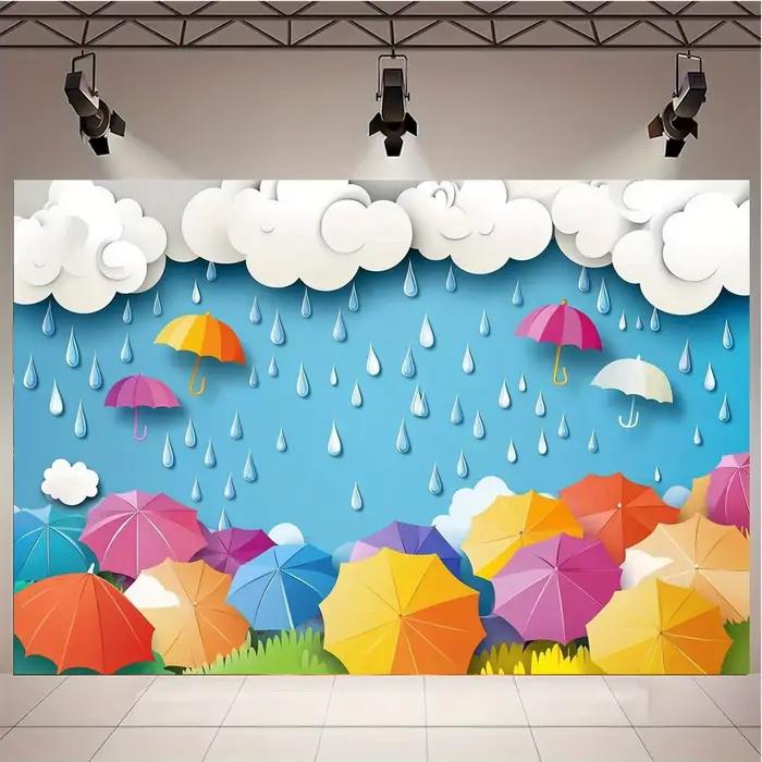 Fond de photographie coloré parapluie et gouttes de pluie – Parfait pour les fêtes d'anniversaire des enfants et sur le thème de la pluieL