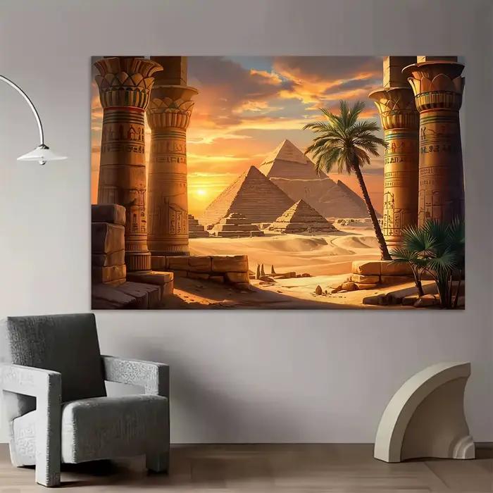 Bannière à fond plat 2D – Pilares égyptiennes anciennes, scène de coucher de soleil de pyramide du désert, décoration de fête