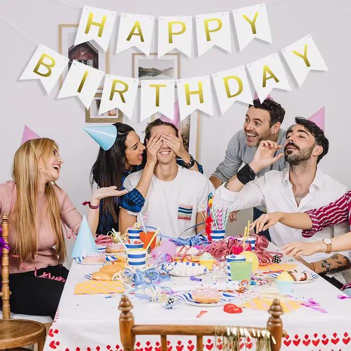 Bannière Joyeux Anniversaire Noir Blanc Rose Bleu pour Fête d'Anniversaire Garçon Fille, Décoration DIY, Fournitures pour Fond Photo de Fête à Domicile