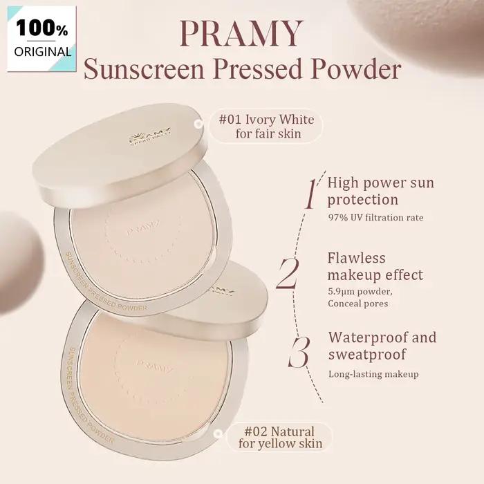 Poudre compacte solaire PRAMY, texture fine, légère et non-cakey, effet flou doux, contrôle du sébum et fixation du maquillage