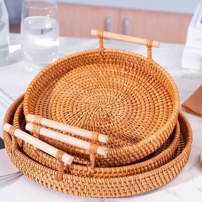 Plateau en rotin tissé à la main et panier de conservation des aliments | Organisateur de cuisine écologique avec couvercle, décoration de maison de ferme
