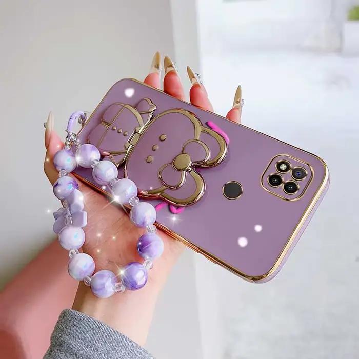 3 pièces (coque de téléphone à fleurs mignonnes + cordon + support lapin) pour Redmi 9i/9 Prime/9AT/9A Sport/9A/8/9/9 (Inde)/9C NFC/9C