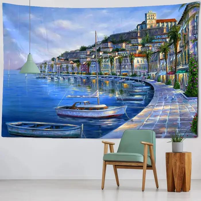 Décoration murale pour chambre à coucher, salon, vue sur la mer, peinture à l'huile, tapisserie, tissu de fond imprimé de paysage de style européen