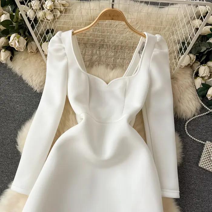 Robe de mariée blanche évidée pour femme, dos nu, décoration de nœud, robes courtes, taille cintrée, bulle, manches longues, automne
