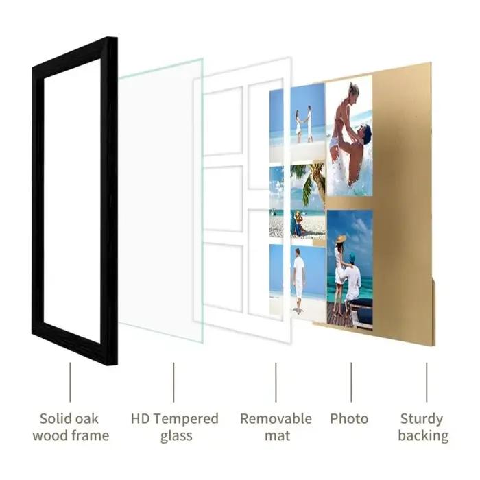 Cadre photo mural multifonctionnel à 5 compartiments, cadre de collage modifiable fait main, cadre photo rectangulaire en bois pour couple