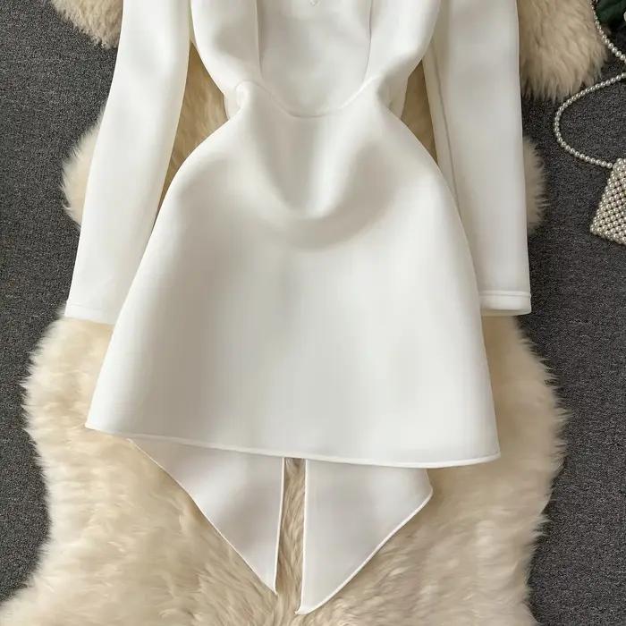 Robe de mariée blanche évidée pour femme, dos nu, décoration de nœud, robes courtes, taille cintrée, bulle, manches longues, automne
