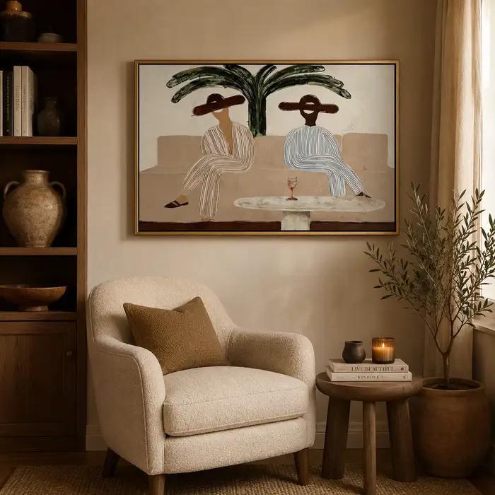 Palm Afternoon – Deux femmes sur un canapé avec peinture sur toile d'un palmier, impression murale, œuvre d'art de décoration intérieure de haute qualité pour la chambre à coucher