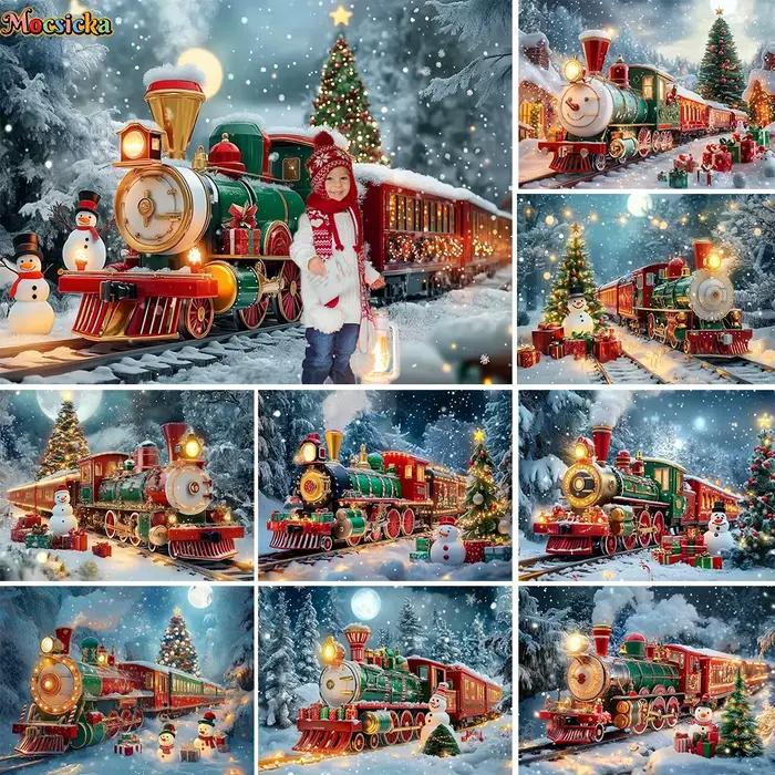 Photographie de fond de train coloré de Noël, cadeau de stand de toile de fond, photo d'anniversaire, réveillon du Nouvel An, bonhomme de neige, arbre de Noël, enfants, hiver