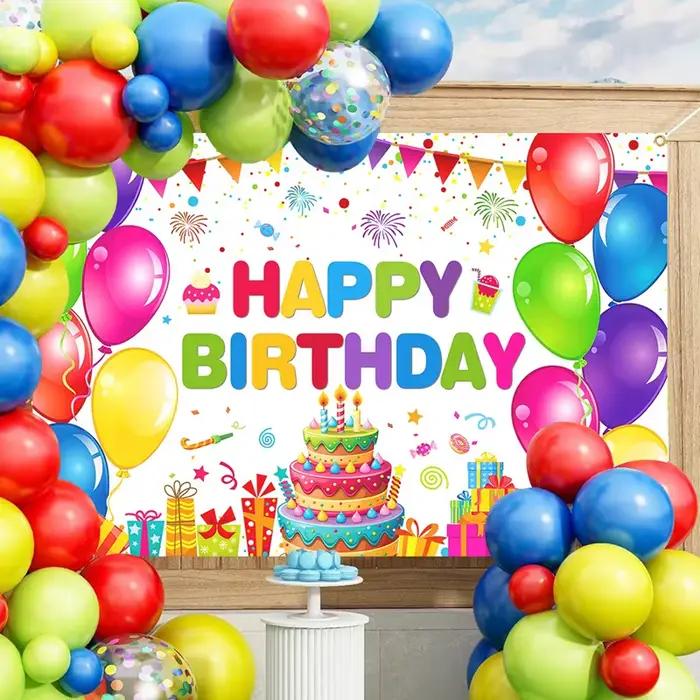 Décorations de fête d'anniversaire, bannière d'arrière-plan, ballons colorés, Design de gâteau, tissu de fond, décoration de fête de 1er anniversaire