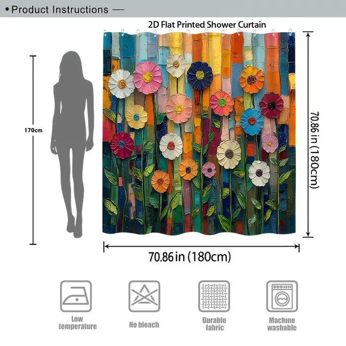 Rideau de douche/bain 1 pièce, motif floral folklorique, fleurs multicolores ludiques, pétales rose, blanc, rouge, orange, tige feuillue verte