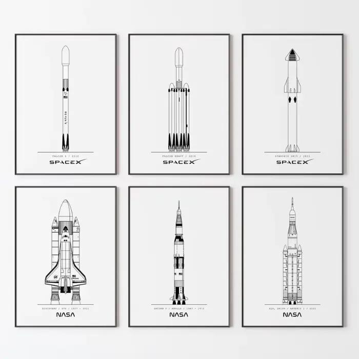 Affiche minimaliste de la NASA et SpacX, dessins de fusées spatiales, peinture sur toile, image d'art mural moderne pour décoration de salon et de maison