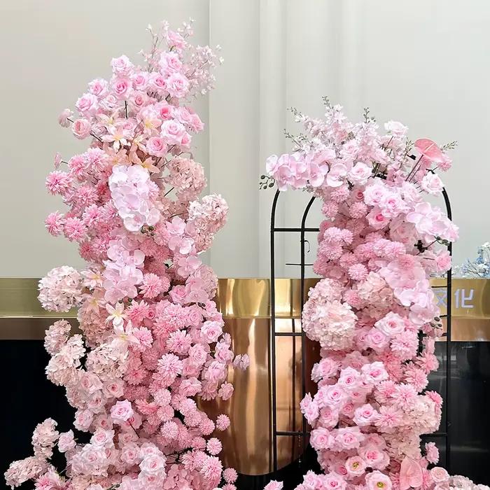 Décoration d'arche de fond KT avec arrangement floral 5D rose, rangée de fleurs d'hortensia, d'orchidée et de rose, accessoires de mariage et centre de table sphérique
