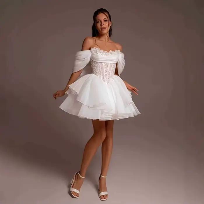 Robes de mariée courtes blanches, style vintage, épaules dénudées, coupe trapèze, plissées, robes de mariée personnalisées, Vestido De Novia