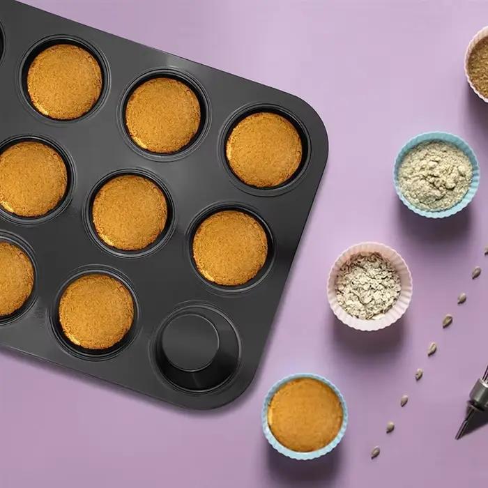 Plateau à muffins plateau à muffins en acier au carbone moule de cuisson à muffins paquet de 2 pour 12 muffins, plateau à muffins à revêtement antiadhésif-AT64