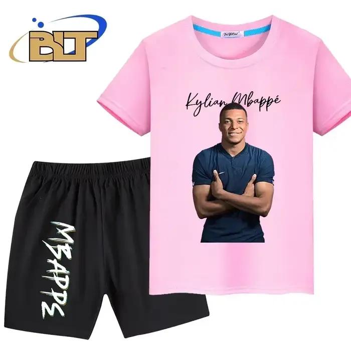 Mbappe-T-shirt de sport à manches courtes imprimé avatar pour enfants, vêtements décontractés pour garçons, objectifs, ensemble 2 pièces, été