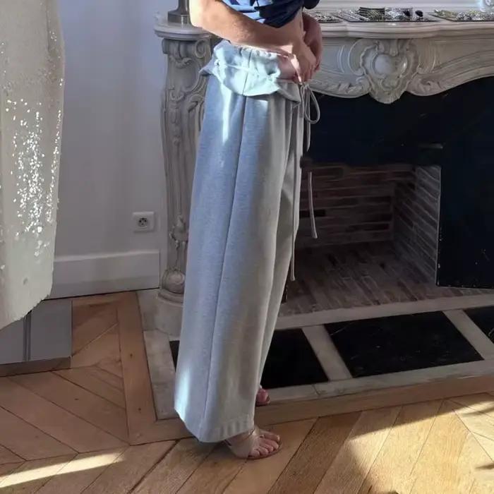 Pantalon femme Nouveau pantalon décontracté taille basse coupe droite avec cordon de serrage et bordure feuille de lotus, jambe large, pour l'automne 2026