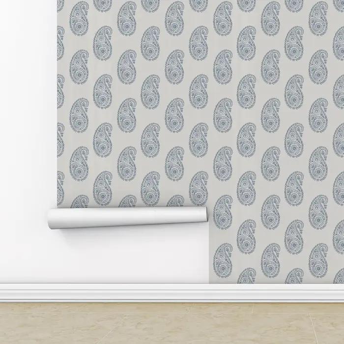 Papier peint traditionnel à motif paisley pour chambre à coucher, papier peint beige avec motif paisley bleu répété, à coller et à décoller, taille personnalisée