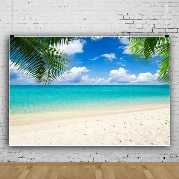 Fond de photographie de plage avec palmiers tropicaux, pour mariage estival, anniversaire de bébé, fête prénuptiale, studio photo