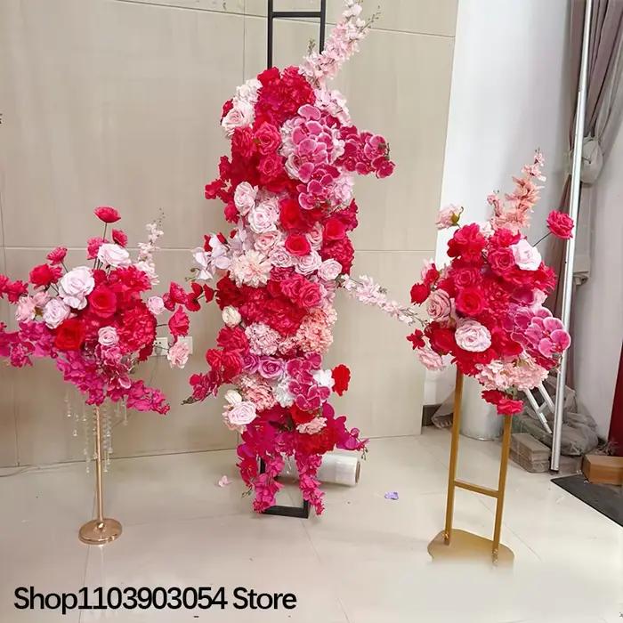 Arche de toile de fond de mariage en panneau KT, décoration florale suspendue, arrangement de roses rose vif et de delphiniums, accessoires pour événements