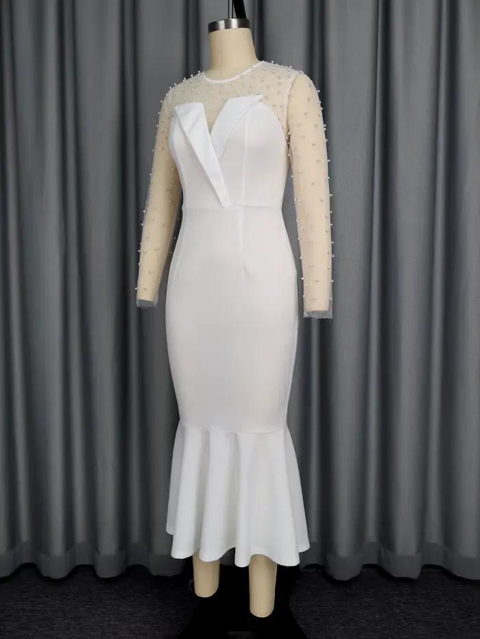Robes de soirée blanches pour femmes, col rond, manches perlées, coupe cintrée, sirène, volants, soirée, Cocktail, invité de mariage, robes mi-longues, nouvelle collection