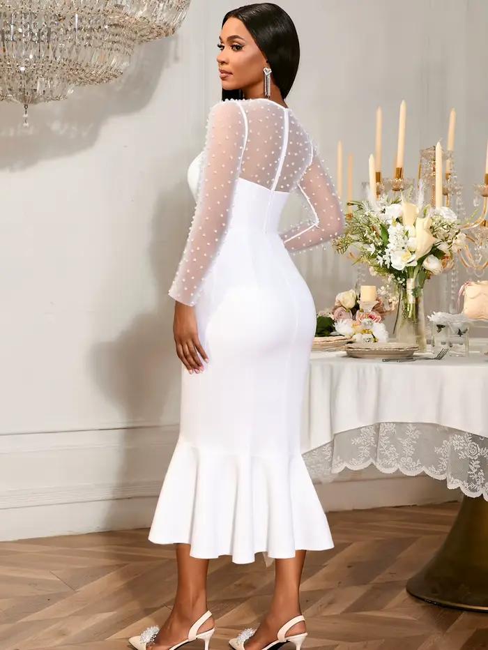 Robes de soirée blanches pour femmes, col rond, manches perlées, coupe cintrée, sirène, volants, soirée, Cocktail, invité de mariage, robes mi-longues, nouvelle collection