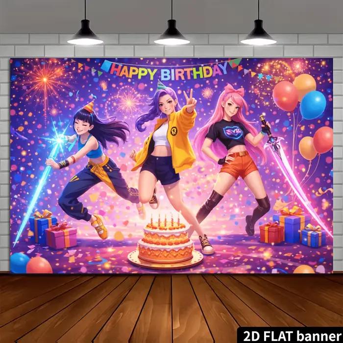 Un toile de fond de fête d'anniversaire 2D, avec des personnages de style dessin animé vibrants et une ambiance animée.