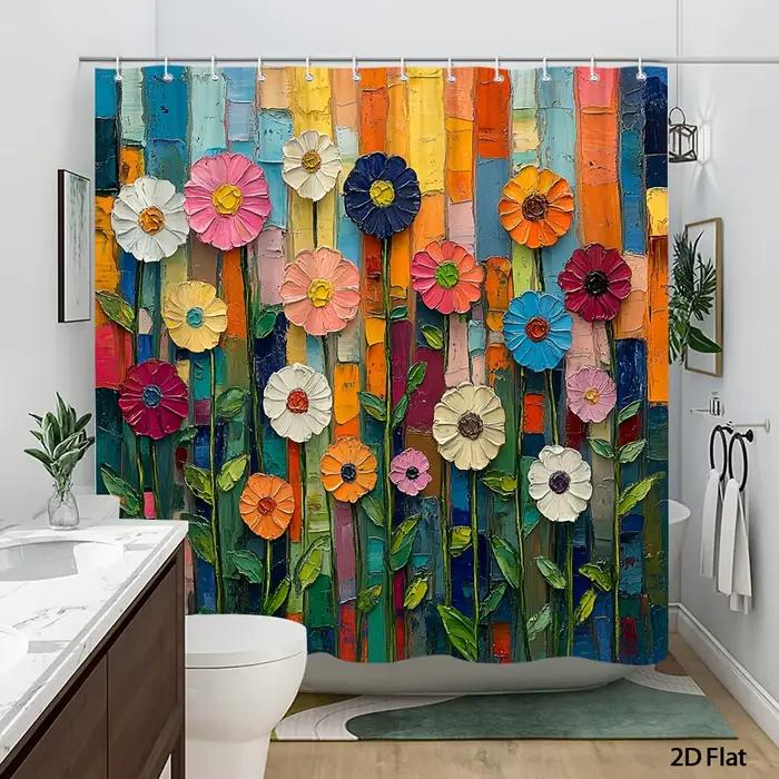 Rideau de douche/bain 1 pièce, motif floral folklorique, fleurs multicolores ludiques, pétales rose, blanc, rouge, orange, tige feuillue verte