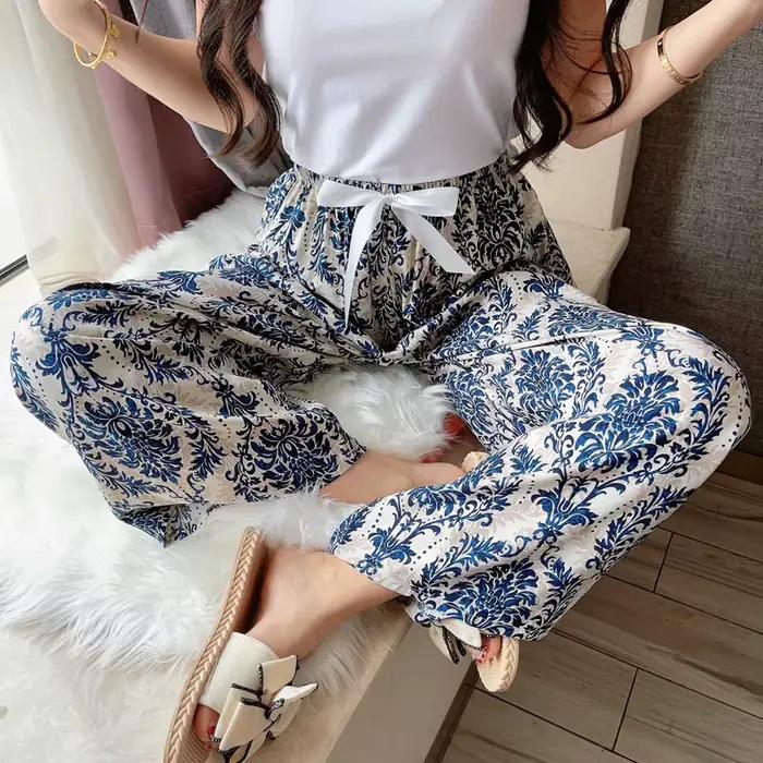 Pantalon de nuit coréen pour femmes, grande taille, vêtements de maison, jambes larges, décontracté, imprimé floral, vêtements de nuit, été