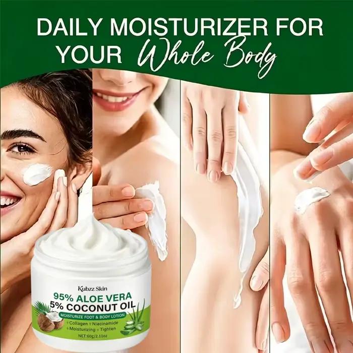 Crème hydratante à l'aloe vera et à la noix de coco, contenant du collagène, de l'acide hyaluronique et de la niacinamide, hydrate en profondeur.