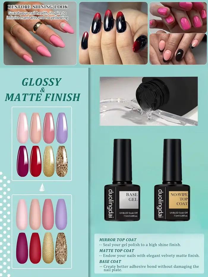 Lot de 2 vernis gel sans résidu 7,5 ml, base et top coat, finition brillante et longue tenue, pour manucure DIY à domicile ou en salon
