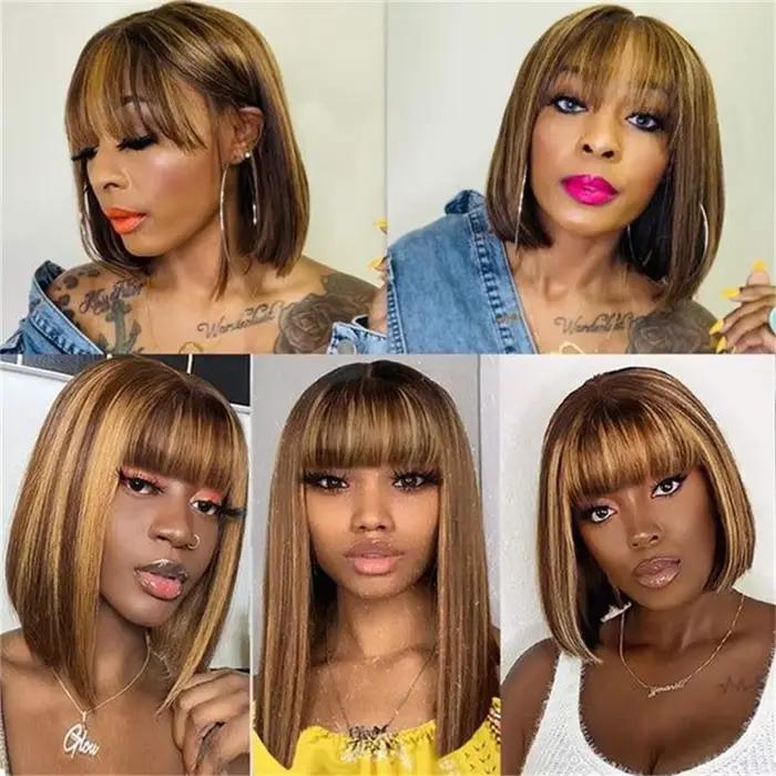 Perruques courtes et droites en cheveux humains blonds et bruns avec frange pour femmes, cheveux brésiliens Remy, perruques sans colle, cheveux humains pour cosplay