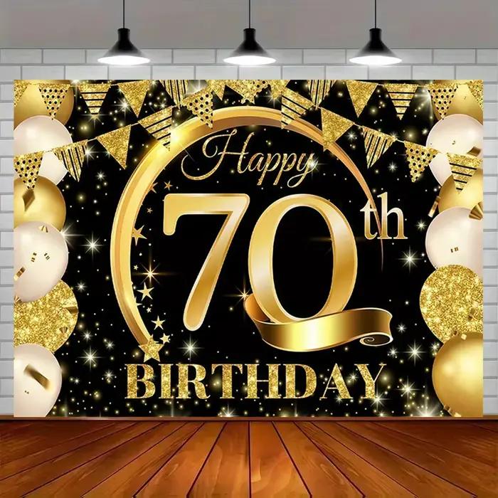 Tissu de fond pour fête d'anniversaire 70e anniversaire, décoration d'anniversaire élégante sur le thème noir et or avec texte «joyeux anniversaire»