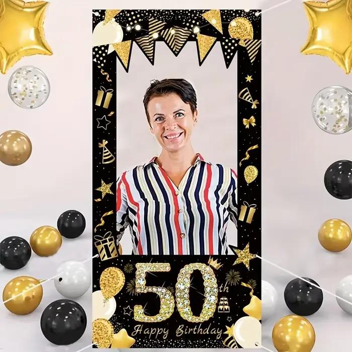 Fond photo 50e anniversaire - polyester noir et doré, ballon festival et design confel, décoration d'anniversaire
