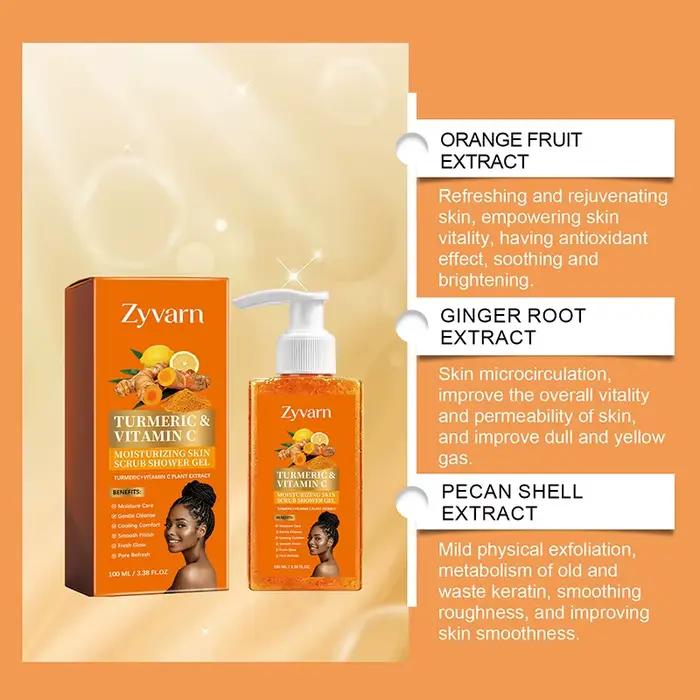 Gel douche hydratant au curcuma et à la vitamine C, gel douche exfoliant et lissant, fini gommant doux, parfum naturel rafraîchissant