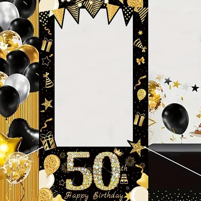 Fond photo 50e anniversaire - polyester noir et doré, ballon festival et design confel, décoration d'anniversaire