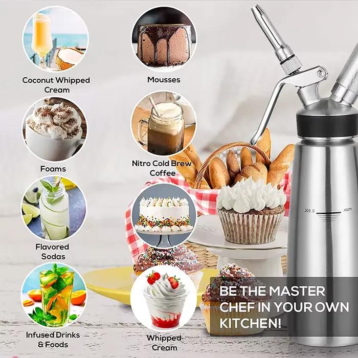 Distributeur de Crème Fouettée en Acier Inoxydable, Siphon avec 3 Embouts Décoratifs, 4 Embouts d'Injecteur, 1 Pinte