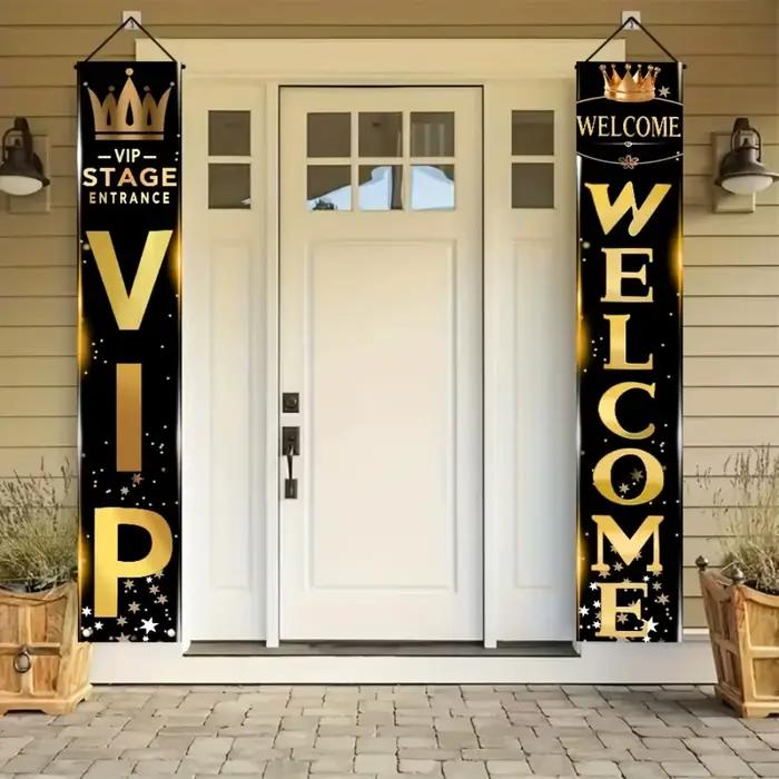 Toile de fond décorative style entrée VIP Scène Or Noir, motif couronne et étoiles pour célébrations festives
