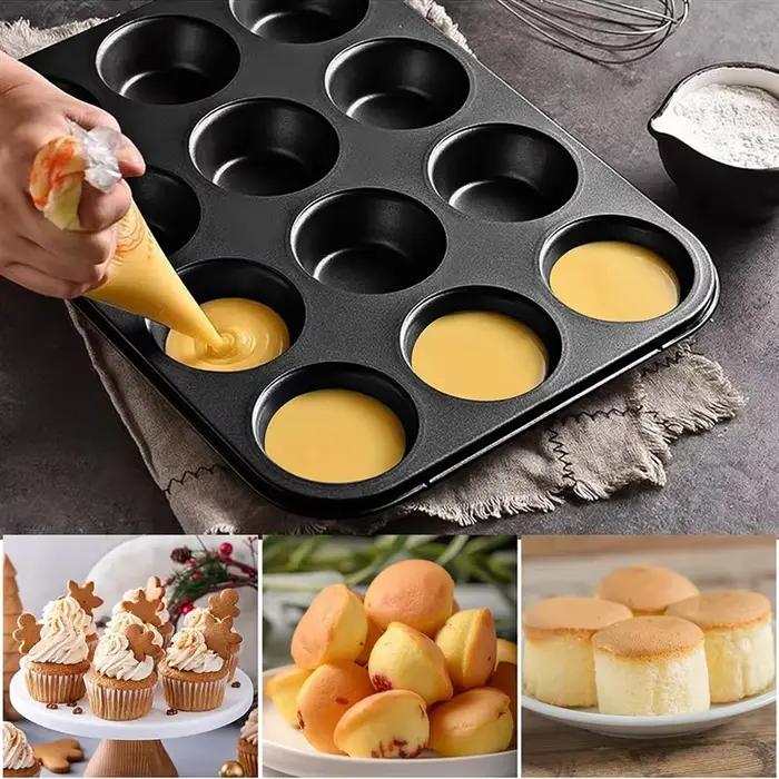 Plateau à muffins plateau à muffins en acier au carbone moule de cuisson à muffins paquet de 2 pour 12 muffins, plateau à muffins à revêtement antiadhésif-AT64