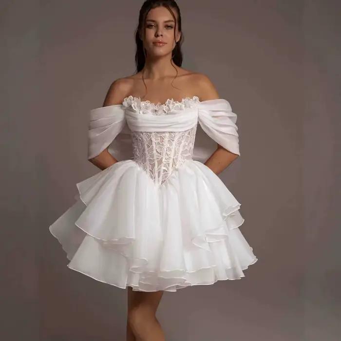 Robes de mariée courtes blanches, style vintage, épaules dénudées, coupe trapèze, plissées, robes de mariée personnalisées, Vestido De Novia
