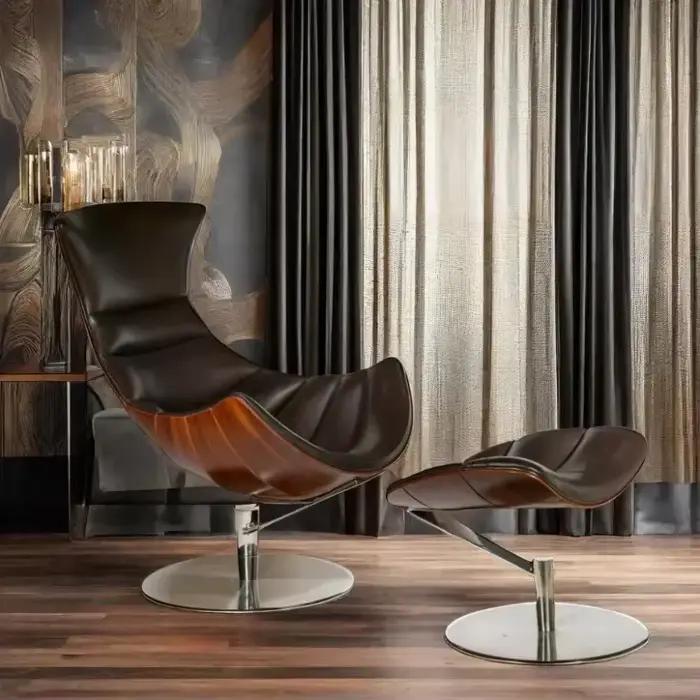 # Chaise longue intérieure/extérieure de haute qualité pour maison et hôtel, tissu en bois et cuir avec accent de siège de salon