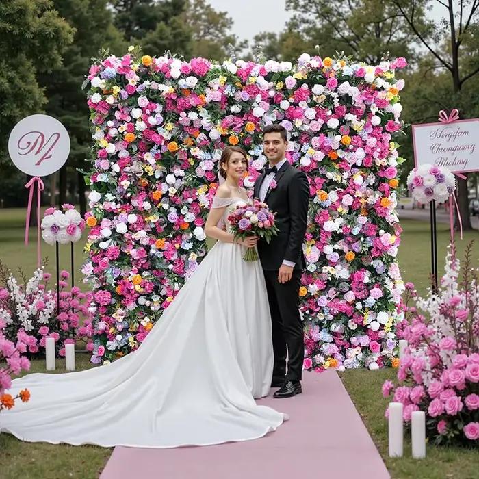 Décor d'arrière-plan de mariage, Rose colorée, tissu de verdure, mur de fleurs, fournitures de fête de Banquet, accessoires Photo de scène, affichage de fenêtre H8902