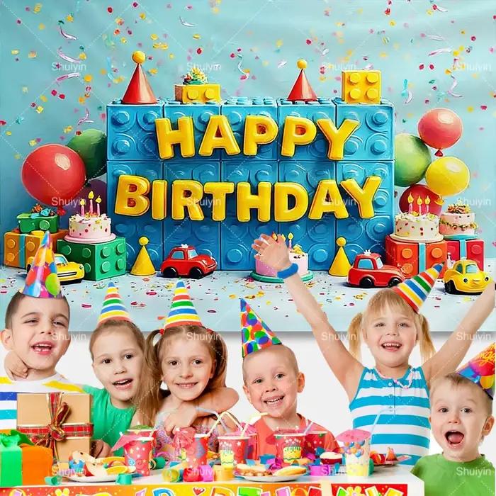 Toile de fond colorée en blocs de construction pour décorations d'anniversaire d'enfants, fournitures de fête, décorations de baby shower, bannière, fond de photographie, cadeaux