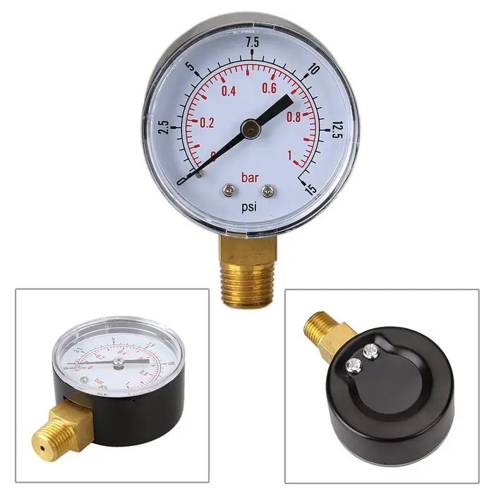 Manomètre Basse Pression pour Carburant et Air Hydraulique, 50mm, 0/15 PSI, 0/1 Bar, 1/4 Béventuelles T