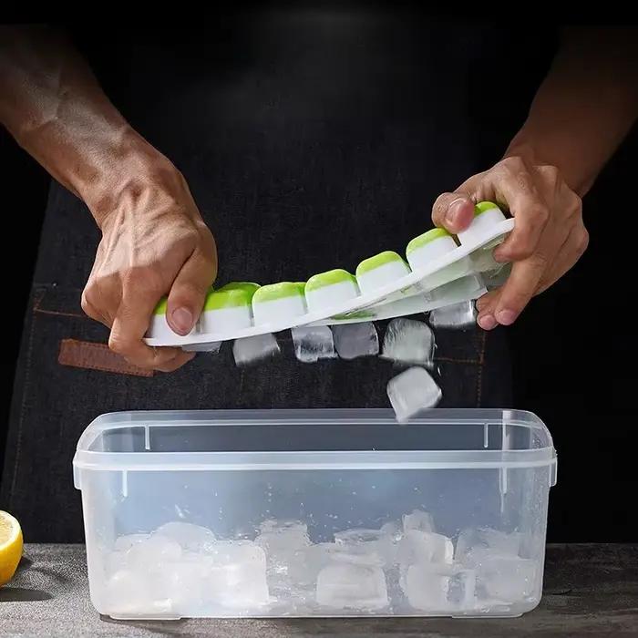 Moule à glaçons en silicone avec couvercle, 14 glaçons carrés, démoulage facile, pour cuisine, bar, cocktails glacés DIY, outil de congélation estival