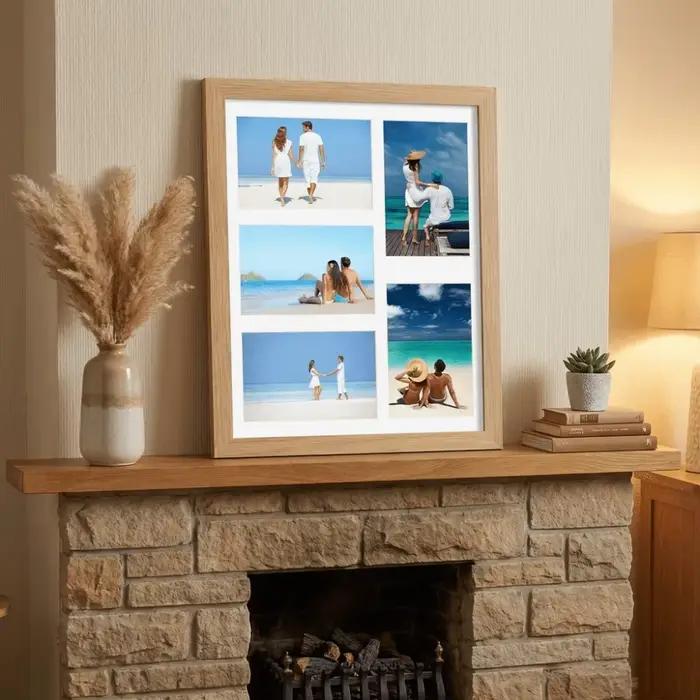 Cadre photo mural multifonctionnel à 5 compartiments, cadre de collage modifiable fait main, cadre photo rectangulaire en bois pour couple