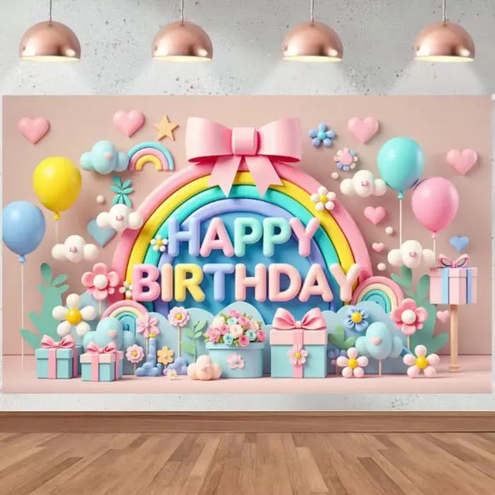 Ballons de bannière de fond joyeux anniversaire, nuage arc-en-ciel coloré, décoration de fête d'anniversaire pour bébé et enfant, mur de fond de célébrité